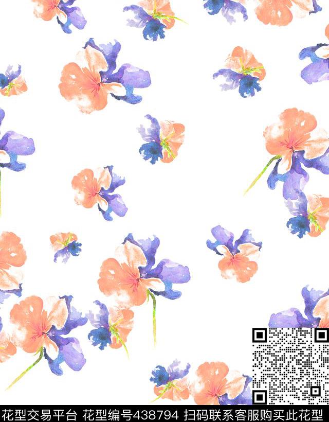 橙紫花花朵手绘花传统印花华亿平台下载（图片编号: 438794） - 瓦栏（Walan）
