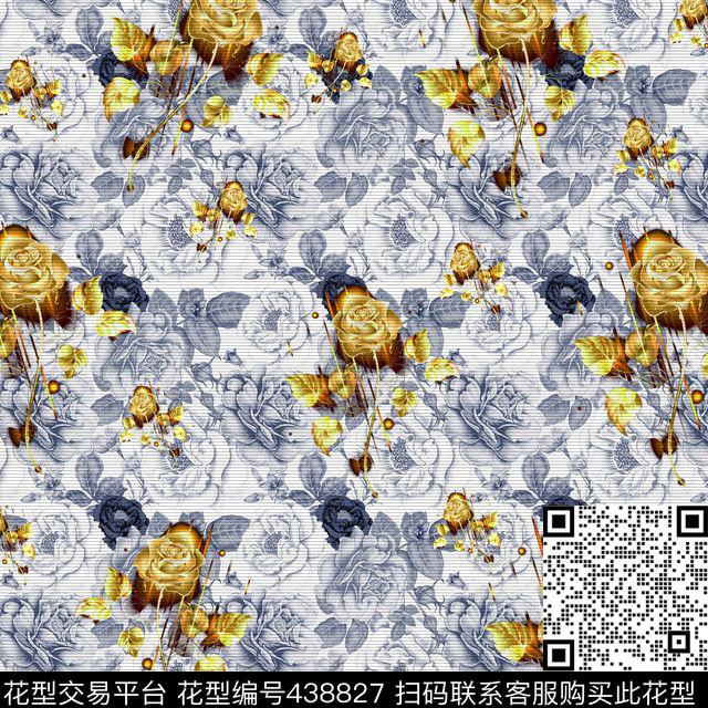 家纺蓝底黑条玫瑰金数码印花华亿平台下载（图片编号: 438827） - 瓦栏（Walan）