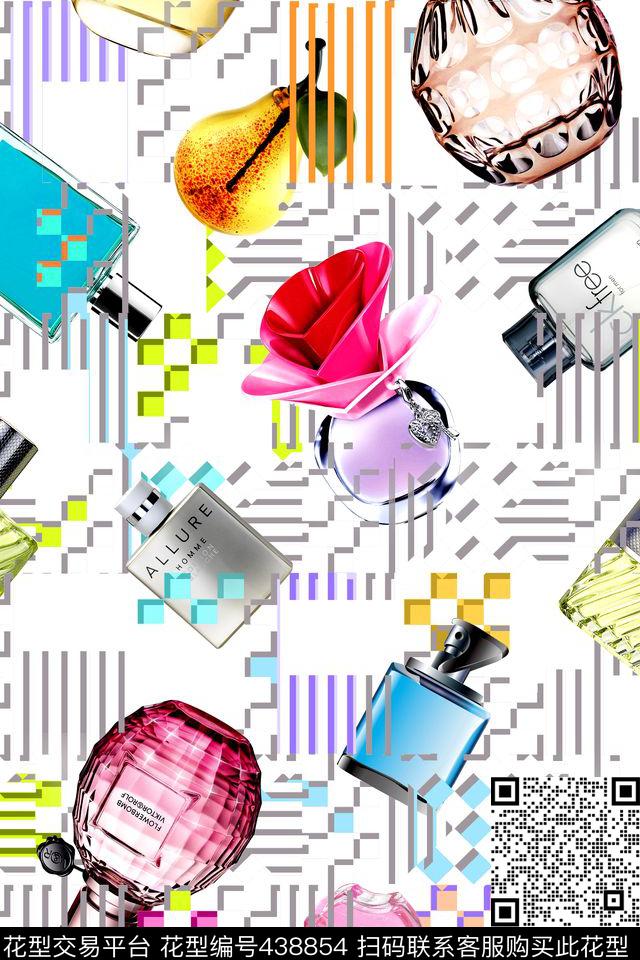 时尚香水瓶几何格子数码印花华亿平台下载（图片编号: 438854） - 瓦栏（Walan）