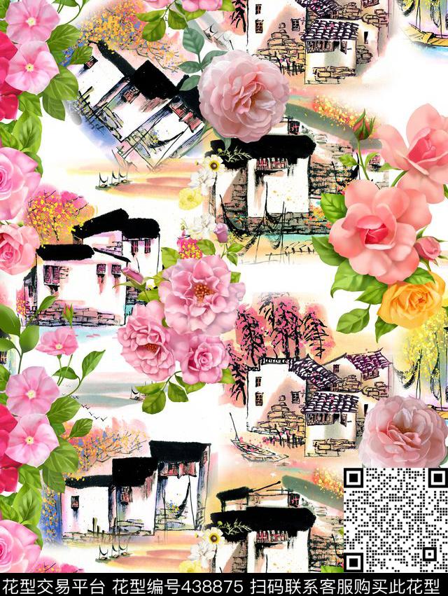 抽象水墨画花卉建筑数码印花华亿平台下载（图片编号: 438875） - 瓦栏（Walan）