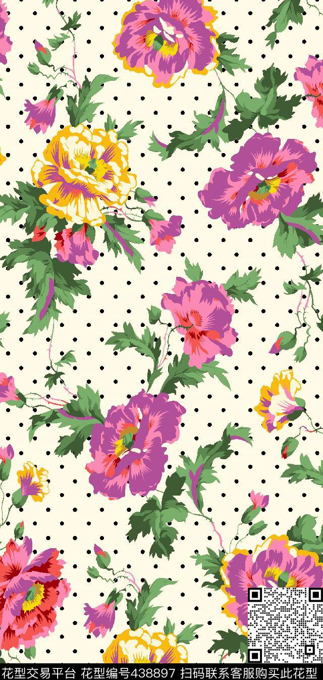 康乃馨手绘花圆点花传统印花华亿平台下载（图片编号: 438897） - 瓦栏（Walan）