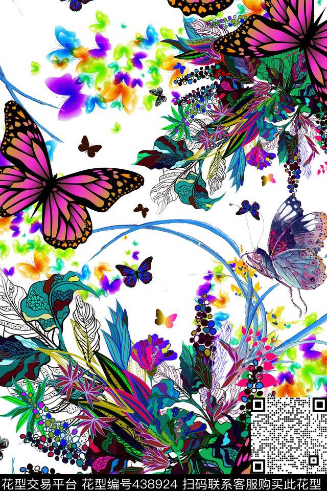 彩色蝴蝶蝴蝶兰草数码印花华亿平台下载（图片编号: 438924） - 瓦栏（Walan）