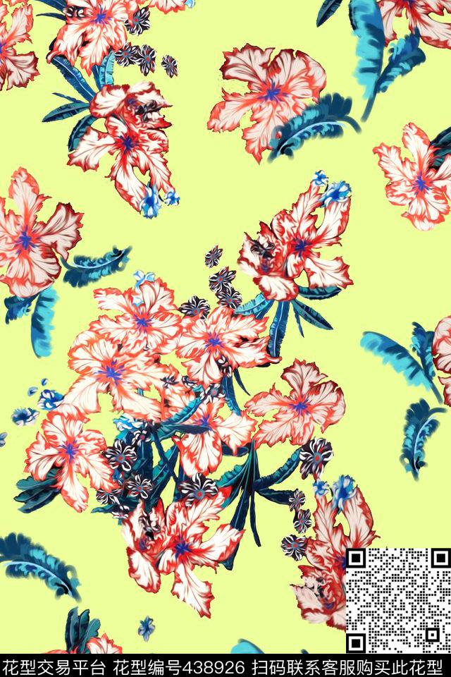 花卉散花叶子数码印花华亿平台下载（图片编号: 438926） - 瓦栏（Walan）