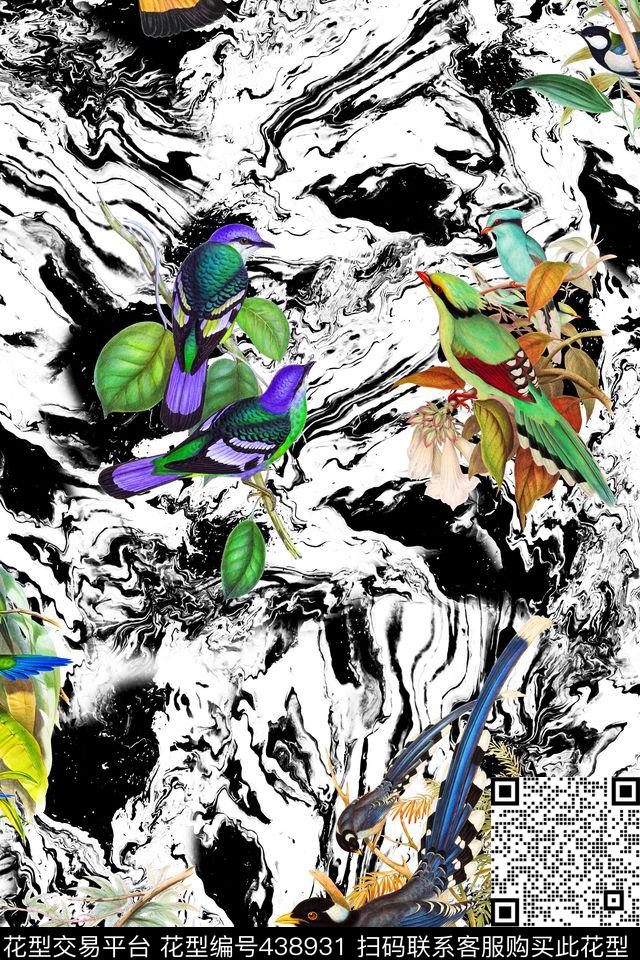 抽象小鸟纹理数码印花华亿平台下载（图片编号: 438931） - 瓦栏（Walan）