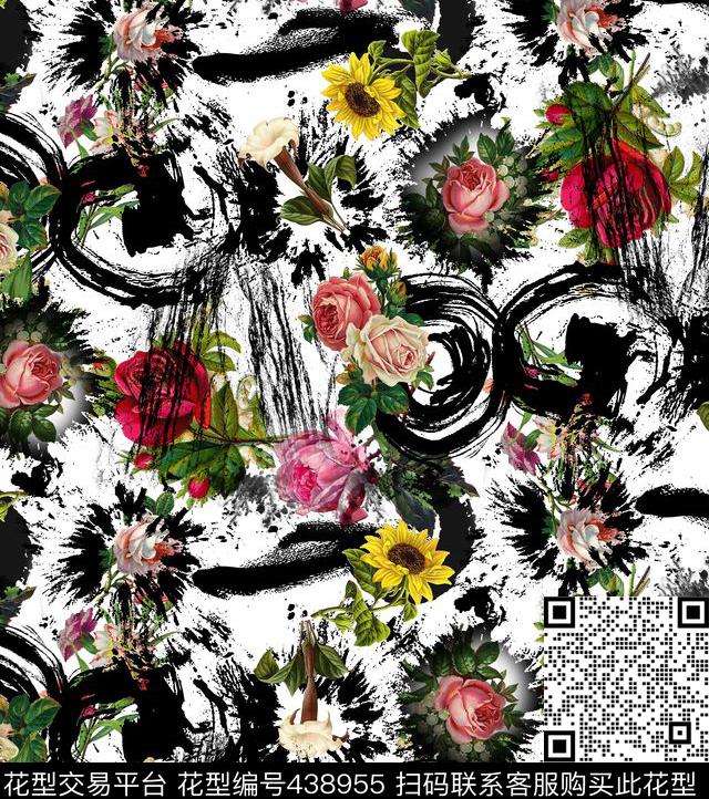 笔触复古花卉流行时尚数码印花华亿平台下载（图片编号: 438955） - 瓦栏（Walan）