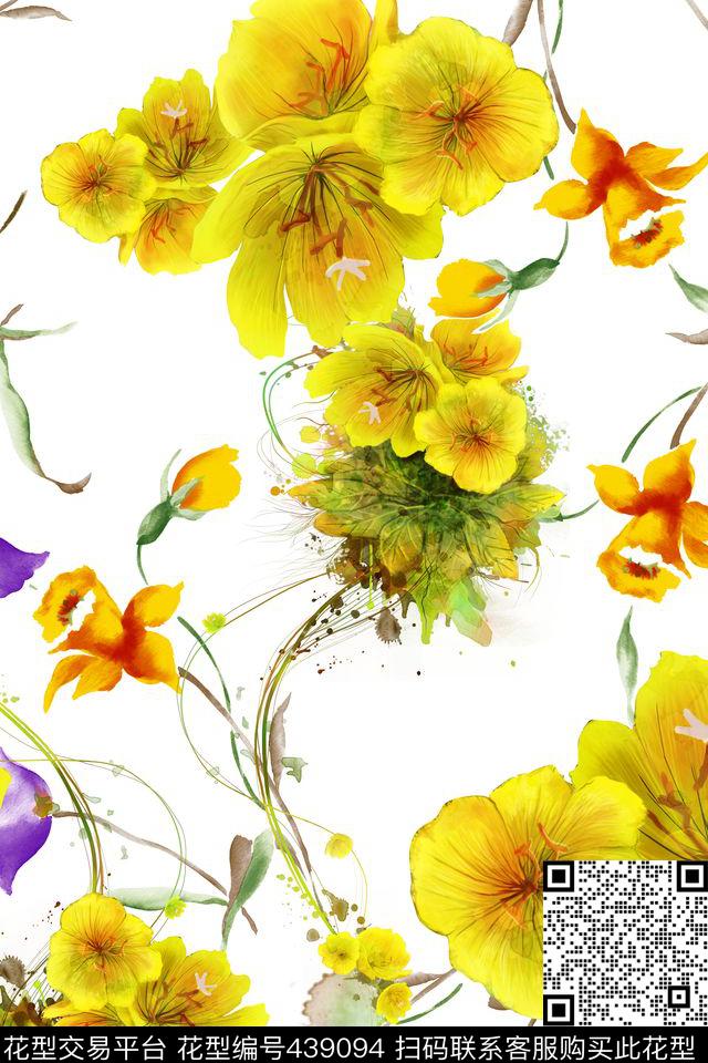 小清新花卉手绘数码印花华亿平台下载（图片编号: 439094） - 瓦栏（Walan）