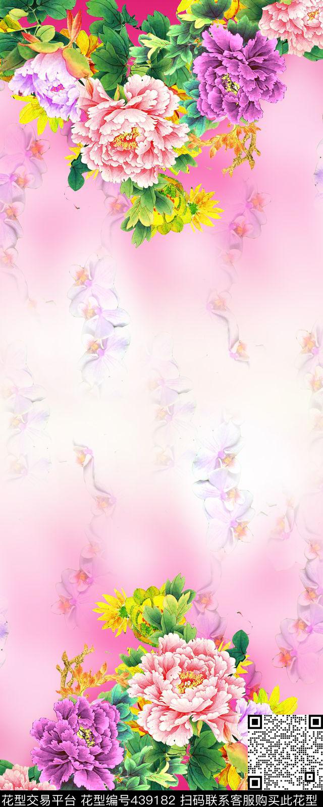中国风牡丹兰花数码印花华亿平台下载（图片编号: 439182） - 瓦栏（Walan）