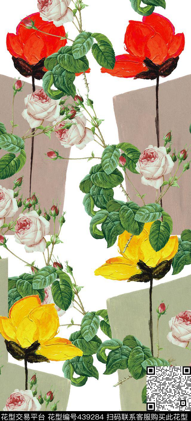 大气手绘花卉油画花卉数码印花华亿平台下载（图片编号: 439284） - 瓦栏（Walan）