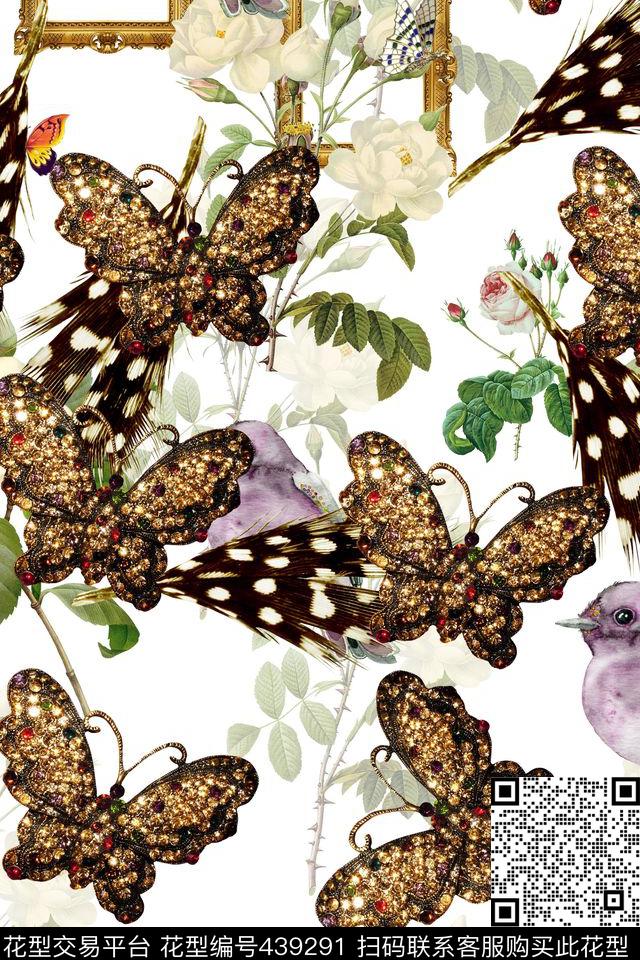 宝石蝴蝶花鸟数码印花华亿平台下载（图片编号: 439291） - 瓦栏（Walan）