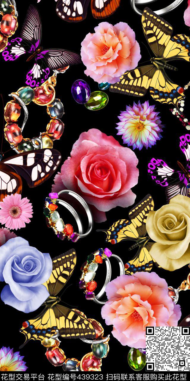 大气黑底蝴蝶珠宝花卉流行数码数码印花华亿平台下载（图片编号: 439323） - 瓦栏（Walan）