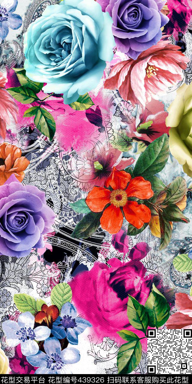 手绘时尚佩兹利火腿纹素雅花卉数码印花华亿平台下载（图片编号: 439326） - 瓦栏（Walan）