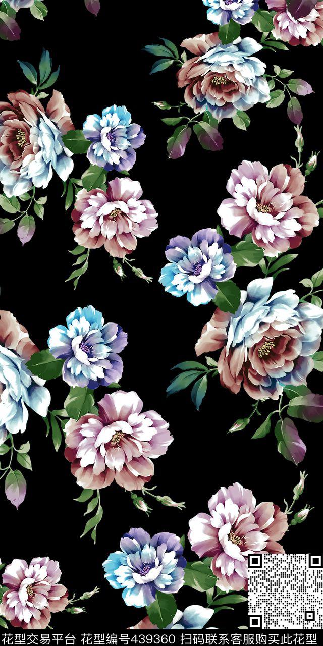 数码时尚花卉黑底数码印花华亿平台下载（图片编号: 439360） - 瓦栏（Walan）