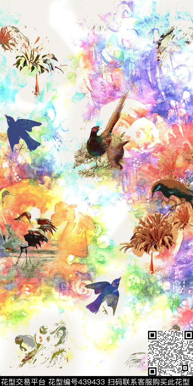 手绘花鸟水彩抽象数码印花华亿平台下载（图片编号: 439433） - 瓦栏（Walan）