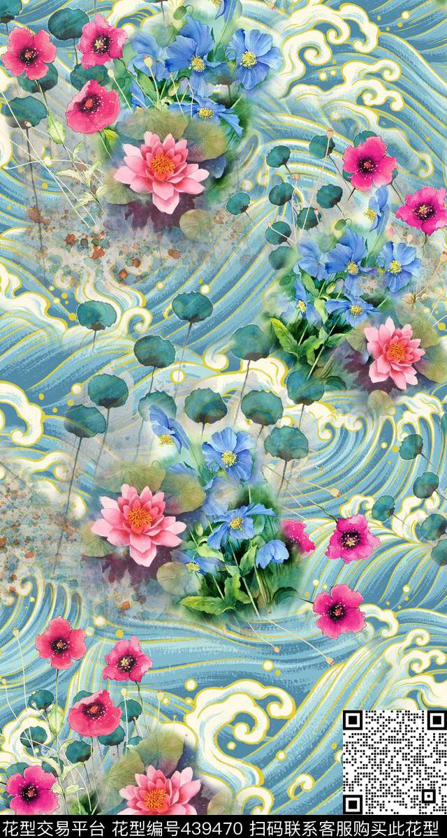 中国风流水浪花水彩花卉数码印花华亿平台下载（图片编号: 439470） - 瓦栏（Walan）