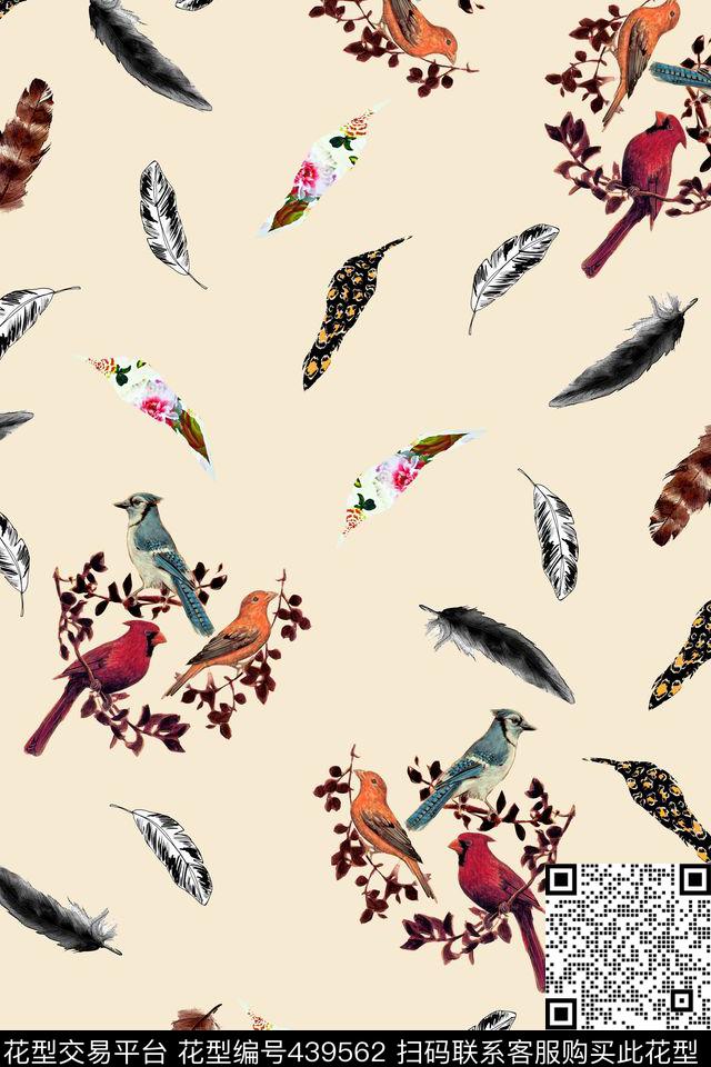 欧式绘画鸟花纹羽毛休闲风数码印花华亿平台下载（图片编号: 439562） - 瓦栏（Walan）