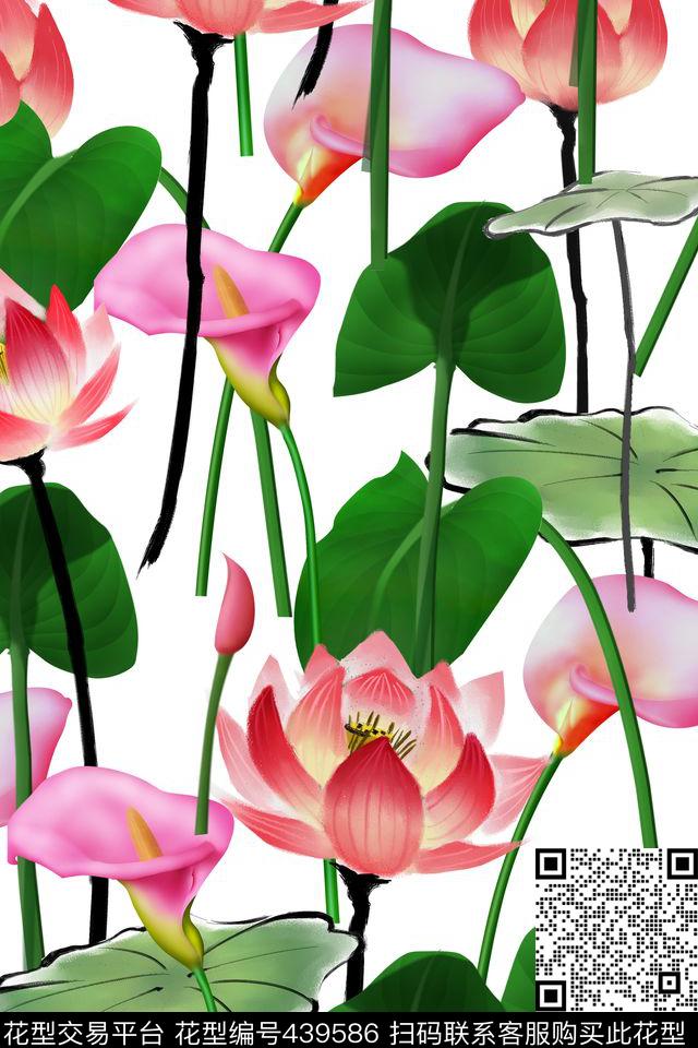 优雅荷花手绘数码印花华亿平台下载（图片编号: 439586） - 瓦栏（Walan）