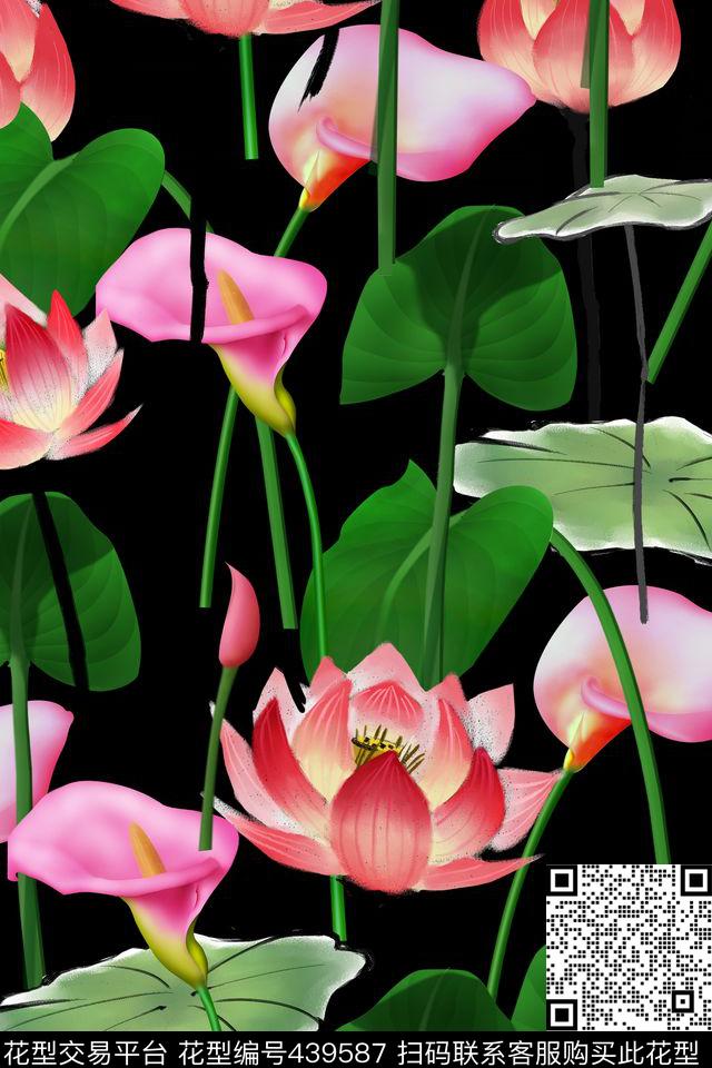优雅荷花手绘数码印花华亿平台下载（图片编号: 439587） - 瓦栏（Walan）