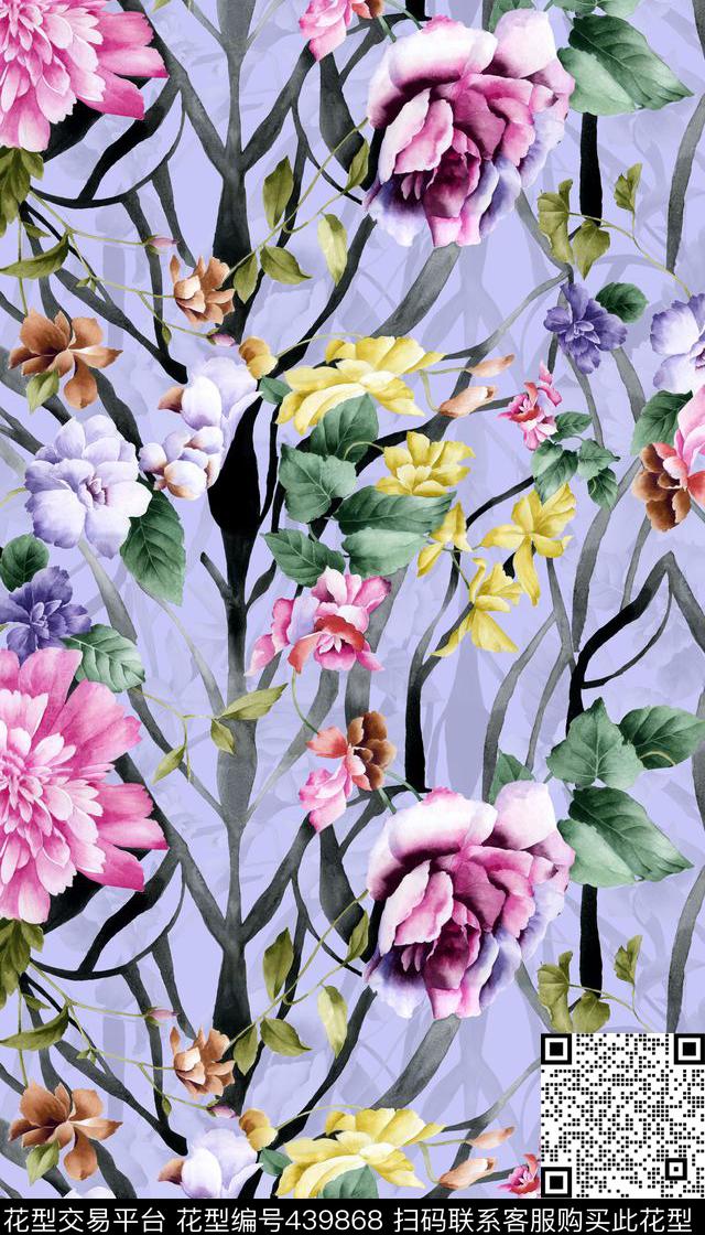 紫色风情波浪渐变线条花卉数码印花华亿平台下载（图片编号: 439868） - 瓦栏（Walan）
