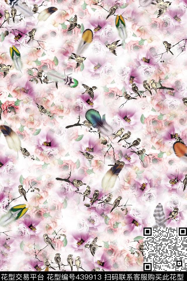 彩色羽毛花小鸟数码印花华亿平台下载（图片编号: 439913） - 瓦栏（Walan）