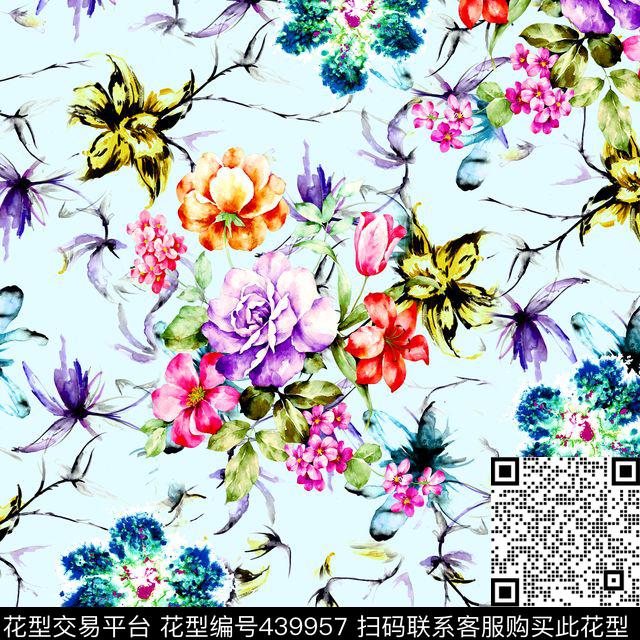 时尚手绘水彩数码印花华亿平台下载（图片编号: 439957） - 瓦栏（Walan）