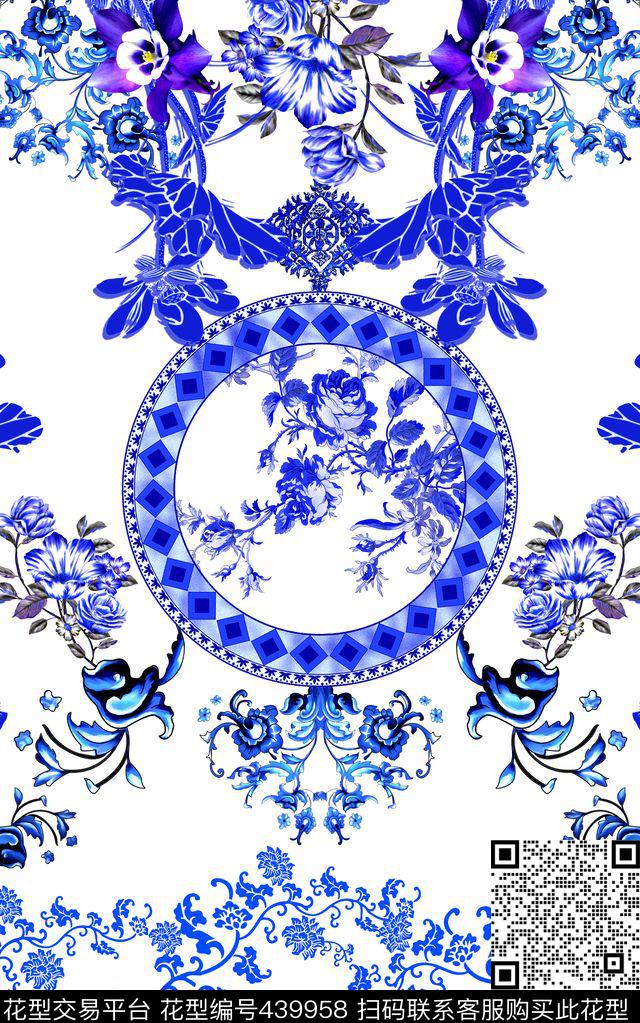 中国风青花瓷荷花数码印花华亿平台下载（图片编号: 439958） - 瓦栏（Walan）