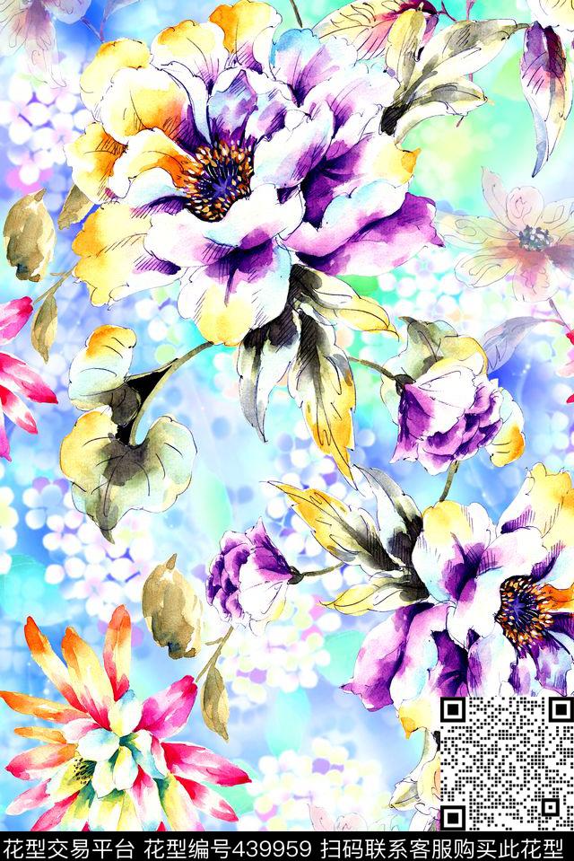 时尚手绘水彩数码印花华亿平台下载（图片编号: 439959） - 瓦栏（Walan）