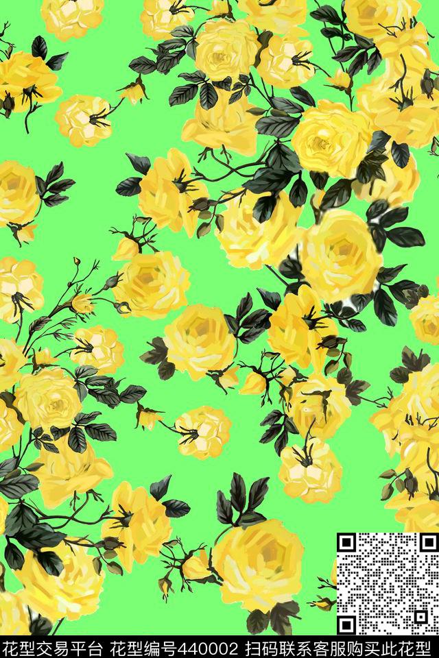 纯色底黄玫瑰散花数码印花华亿平台下载（图片编号: 440002） - 瓦栏（Walan）