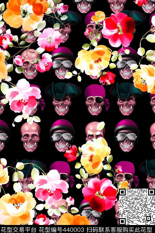 花卉骷髅头玫瑰数码印花华亿平台下载（图片编号: 440003） - 瓦栏（Walan）