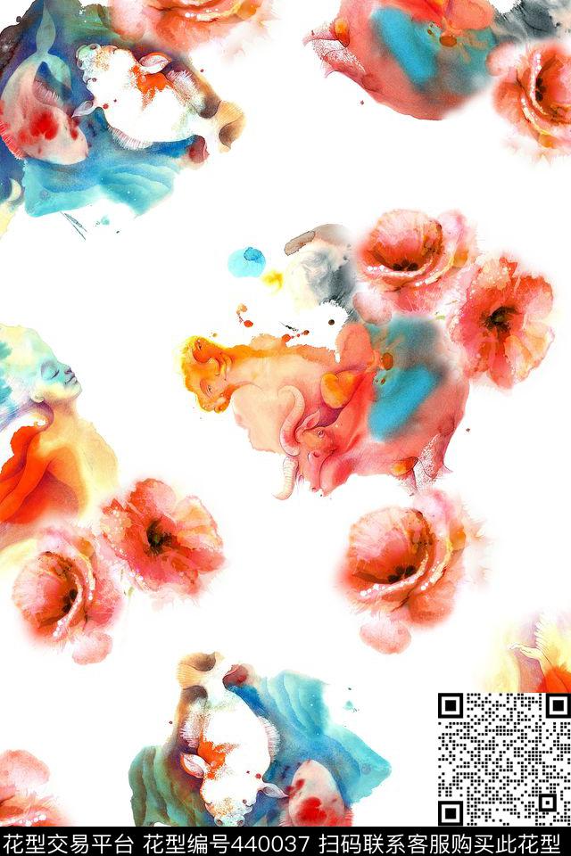 水彩人物花卉抽象水墨休闲风数码印花华亿平台下载（图片编号: 440037） - 瓦栏（Walan）