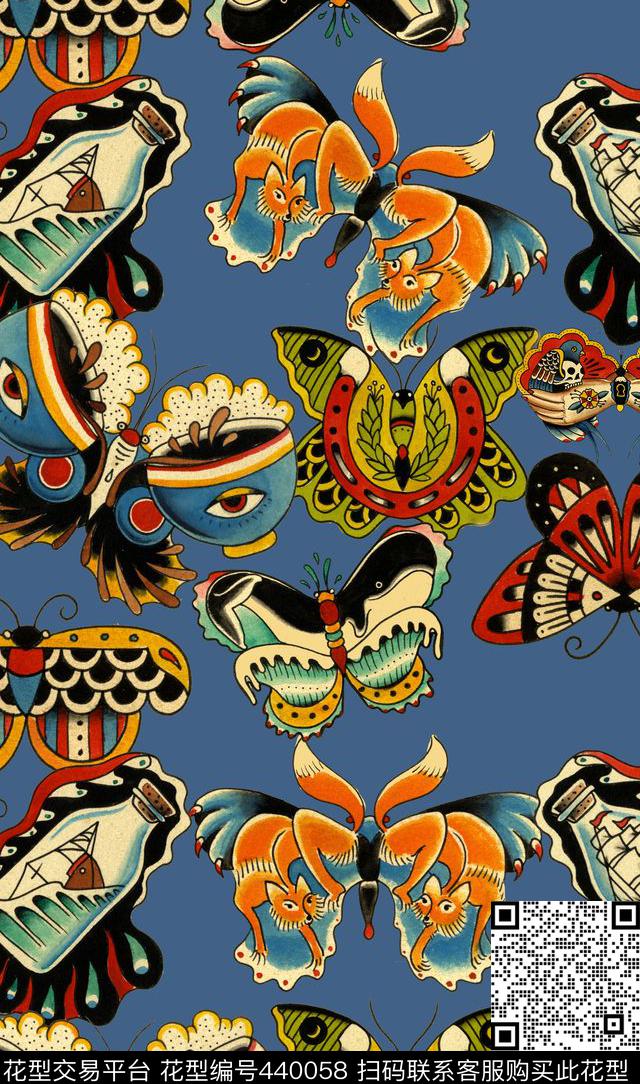抽象复古蝴蝶数码印花华亿平台下载（图片编号: 440058） - 瓦栏（Walan）