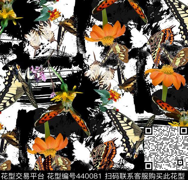 花卉时尚泼墨舞笔数码印花华亿平台下载（图片编号: 440081） - 瓦栏（Walan）