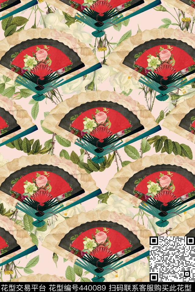 中国风扇子纸扇花卉数码印花华亿平台下载（图片编号: 440089） - 瓦栏（Walan）