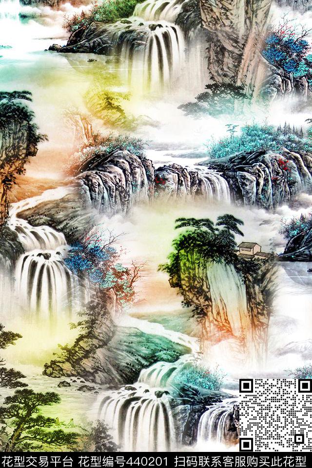 中国风水墨山水画数码印花华亿平台下载（图片编号: 440201） - 瓦栏（Walan）