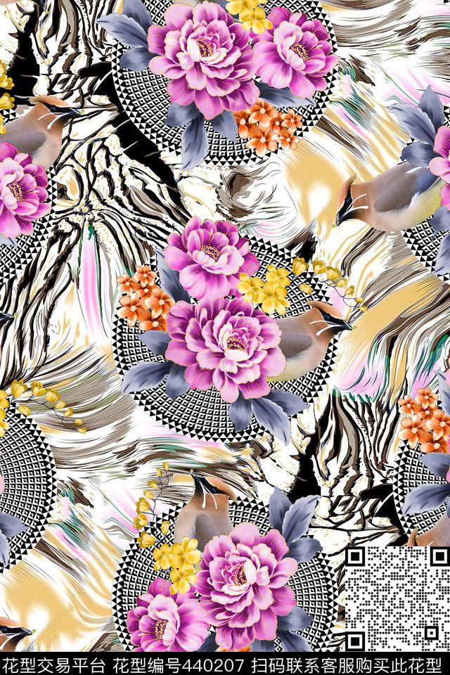 动物纹小鸟圆形格子数码印花华亿平台下载（图片编号: 440207） - 瓦栏（Walan）