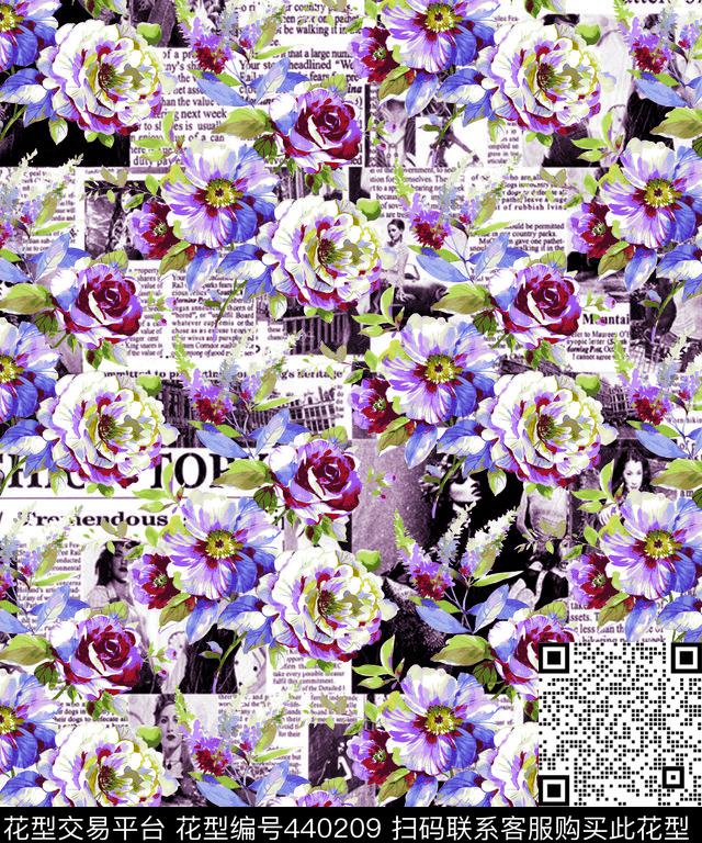 潮流时尚报纸底纹报纸底纹水彩花卉数码印花华亿平台下载（图片编号: 440209） - 瓦栏（Walan）