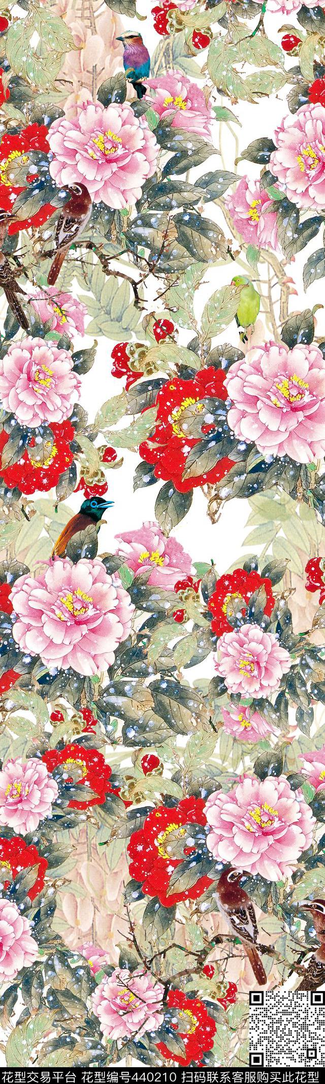 花卉长巾牡丹中国风数码印花华亿平台下载（图片编号: 440210） - 瓦栏（Walan）