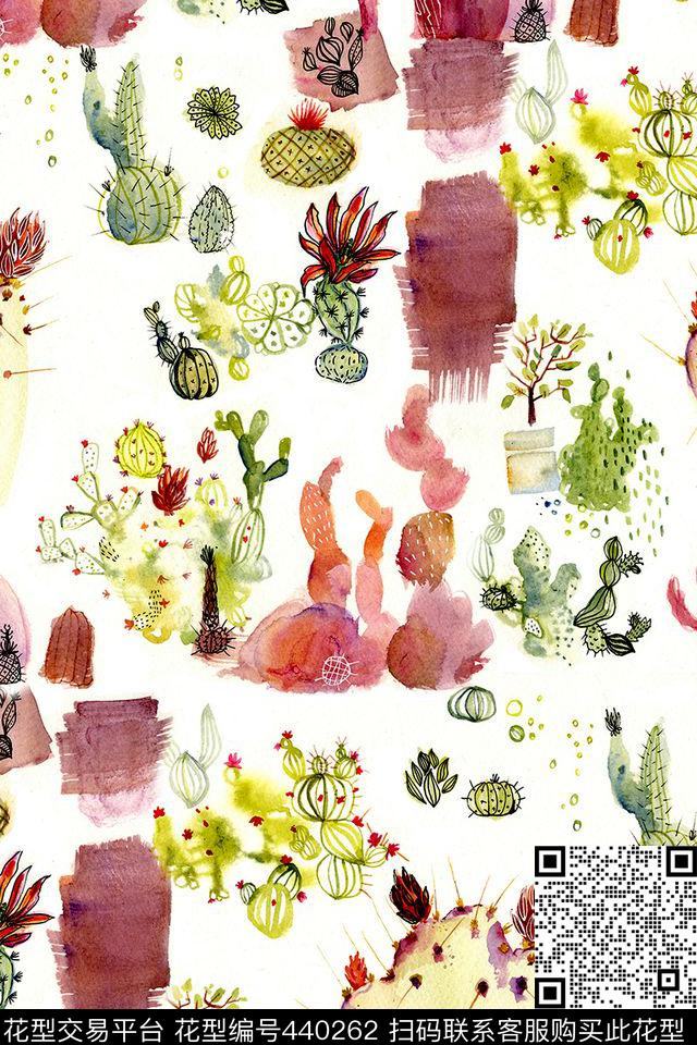 手绘仙人掌植物数码印花华亿平台下载（图片编号: 440262） - 瓦栏（Walan）