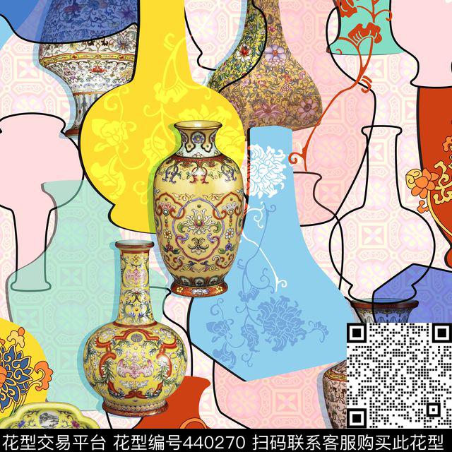 传统瓷器卷草纹中国风数码印花华亿平台下载（图片编号: 440270） - 瓦栏（Walan）