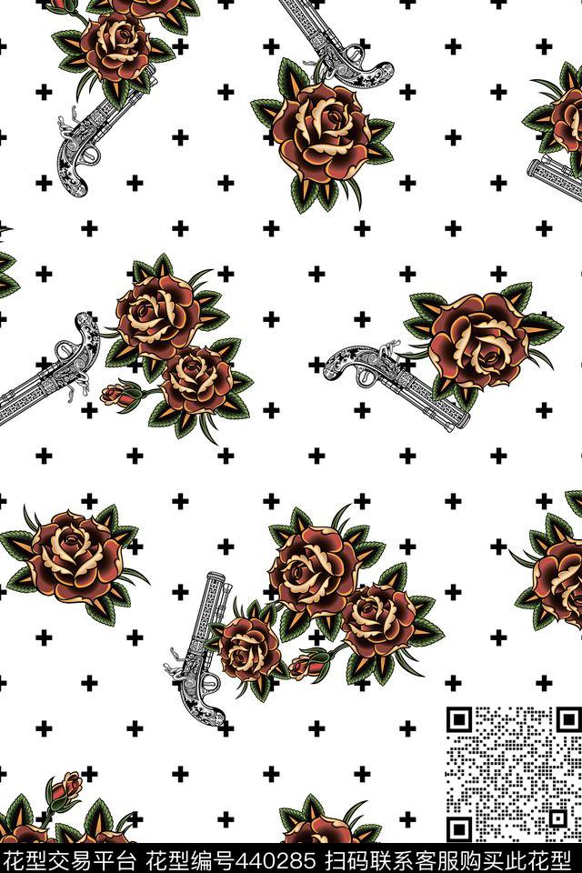 星点黑白手枪图案纹身花朵传统印花华亿平台下载（图片编号: 440285） - 瓦栏（Walan）
