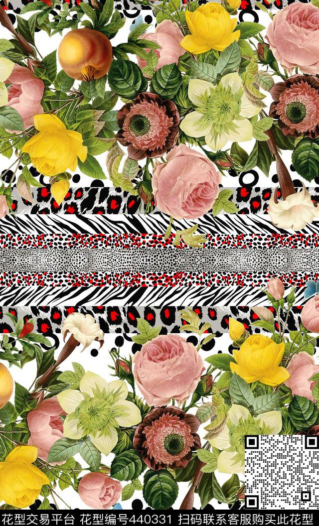 流行时尚玫瑰豹纹花手绘玫瑰豹纹花波点格子花数码印花华亿平台下载（图片编号: 440331） - 瓦栏（Walan）