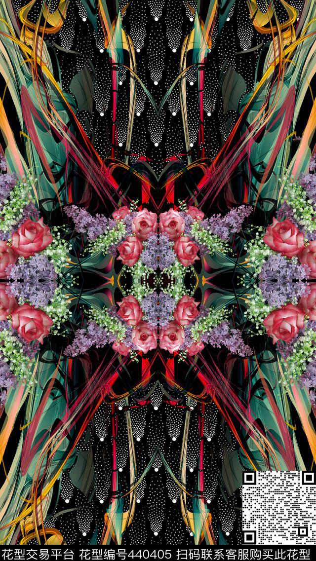 绸带复古花卉数码印花华亿平台下载（图片编号: 440405） - 瓦栏（Walan）