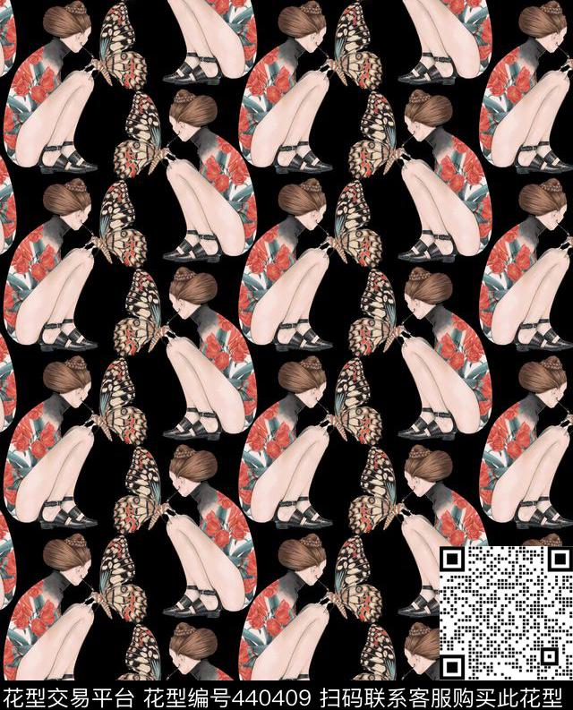 蝴蝶女人插画数码印花华亿平台下载（图片编号: 440409） - 瓦栏（Walan）