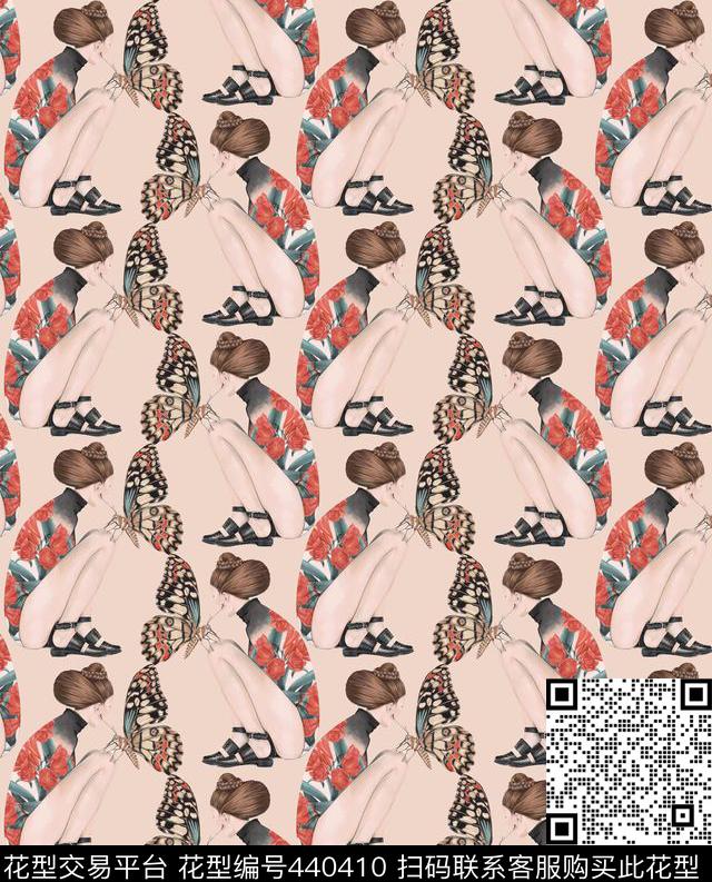 蝴蝶女人插画数码印花华亿平台下载（图片编号: 440410） - 瓦栏（Walan）