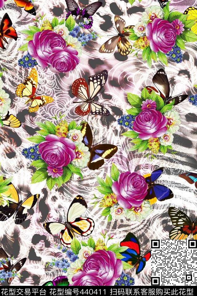 豹纹蝴蝶紫花数码印花华亿平台下载（图片编号: 440411） - 瓦栏（Walan）
