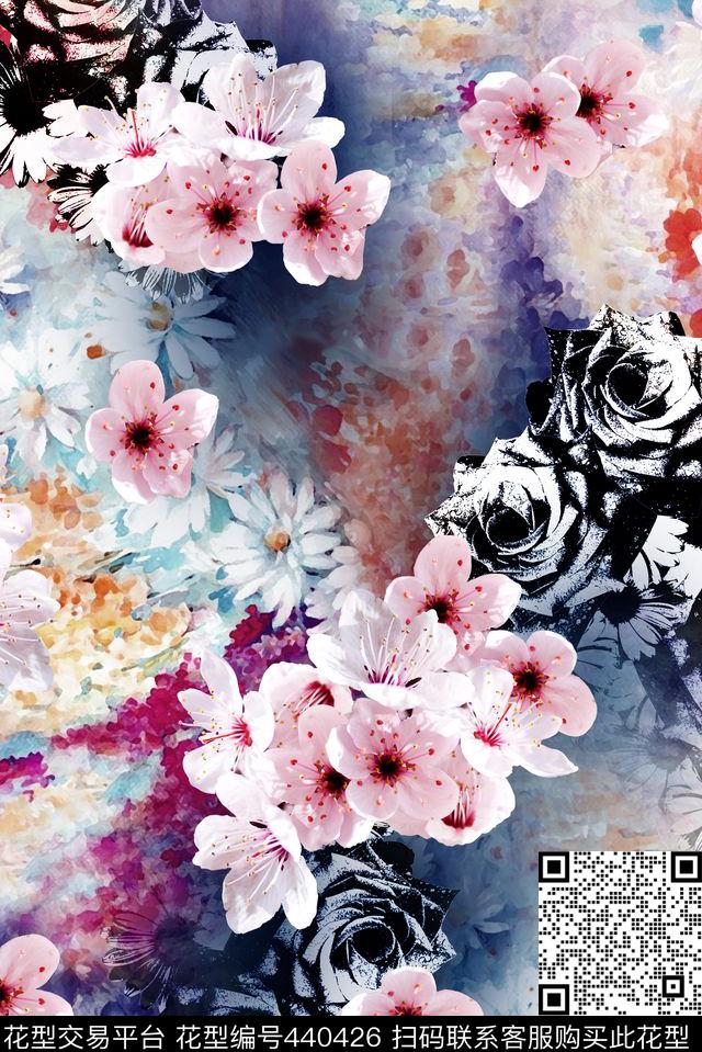 冷调暗花时尚大气桃花摄影数码印花华亿平台下载（图片编号: 440426） - 瓦栏（Walan）