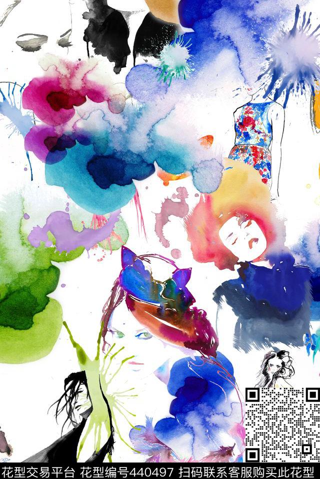 大气清爽手绘抽象泼墨女装裙抽象抽象几何数码印花华亿平台下载（图片编号: 440497） - 瓦栏（Walan）
