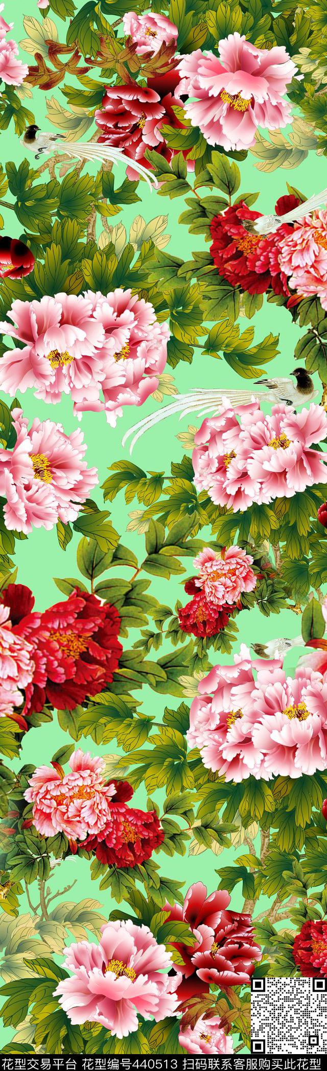 花鸟牡丹中国风数码印花华亿平台下载（图片编号: 440513） - 瓦栏（Walan）