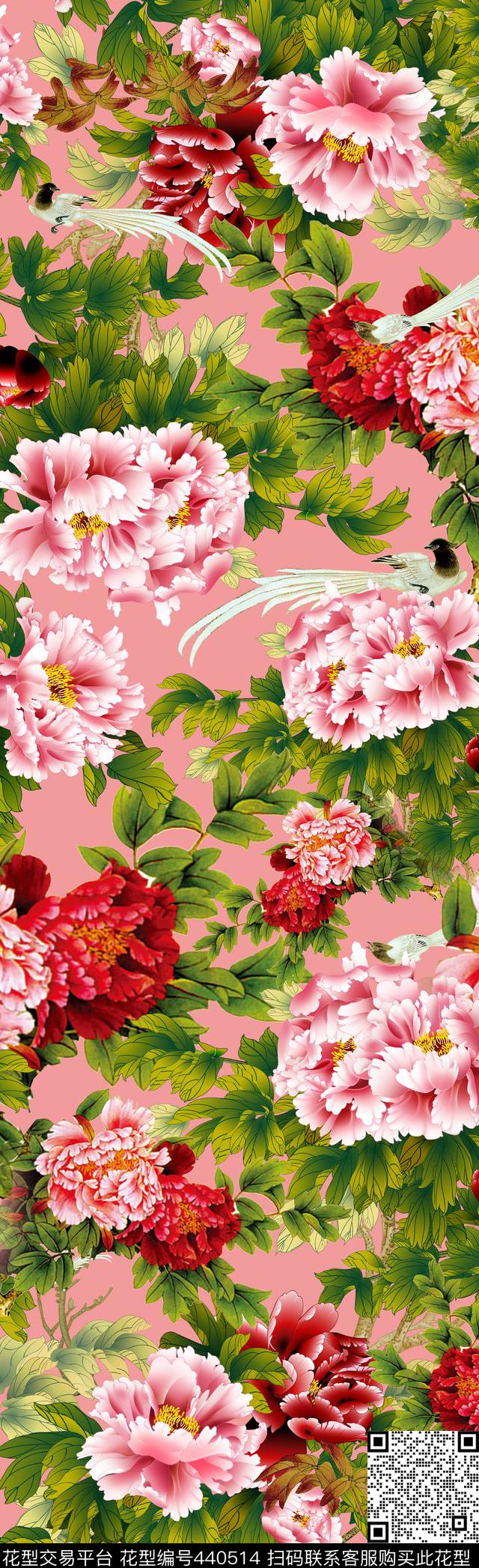 花鸟牡丹中国风数码印花华亿平台下载（图片编号: 440514） - 瓦栏（Walan）