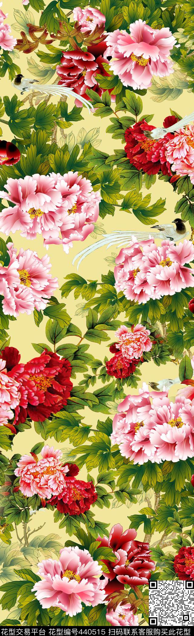 花鸟牡丹中国风数码印花华亿平台下载（图片编号: 440515） - 瓦栏（Walan）