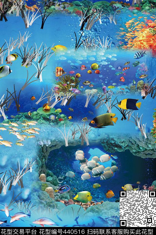 海洋生物蓝色大海清新数码印花华亿平台下载（图片编号: 440516） - 瓦栏（Walan）